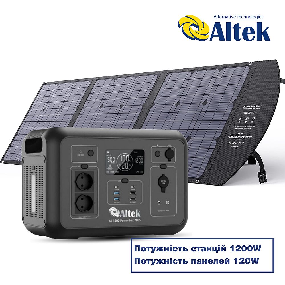 Комплект зарядна станція AL 1200 PowerBox Plus + розкладна панель 120W ALT-120, чорна