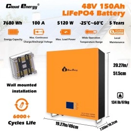 Акумулятор Cloud Energy LiFePO4 48V/150AH, 7680W*h, 100А (Wall Mounted, літій-залізо-фосфатний акумулятор для ДБЖ (UPS))