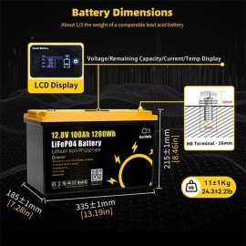 Акумулятор GoKwt LiFePO4 12V/100AH (1280W*h), з дисплеєм, Smart BMS, Bluetooth APP (літій-залізо-фосфатний акумулятор для ДБЖ (UPS))