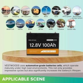 Акумулятор VESTWOODS LiFePO4 12V/100AH, 1280W*h, 100A, Smart BMS, Bluetooth APP (літій-залізо-фосфатний акумулятор для ДБЖ (UPS))