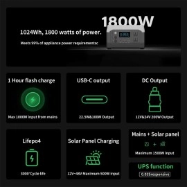 Зарядна станція XPower 1000, 1800 Вт, 1024 Вт*год (електростанція для дому, UPS, ДБЖ) EU