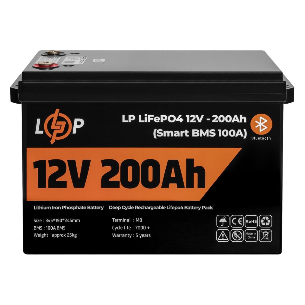 Акумулятор LP LiFePO4 для ДБЖ 12V (12,8V) - 200 Ah (2560Wh) (Smart BMS 100А) с BT пластик