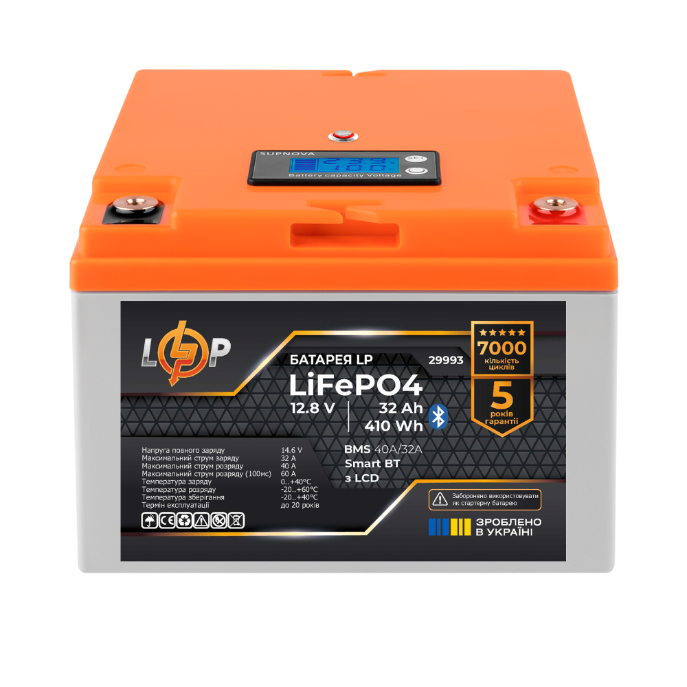 Акумулятор LP LiFePO4 12,8V - 32 Ah (410Wh) (BMS 40А/32A) пластик LCD Smart BT